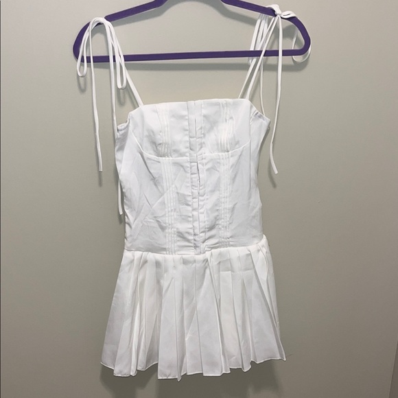 White Pleated Mini Dress with Spaghetti Straps - Picture 1 of 4